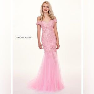 Rachel Allan Off the Shoulder Pink Prom Dress